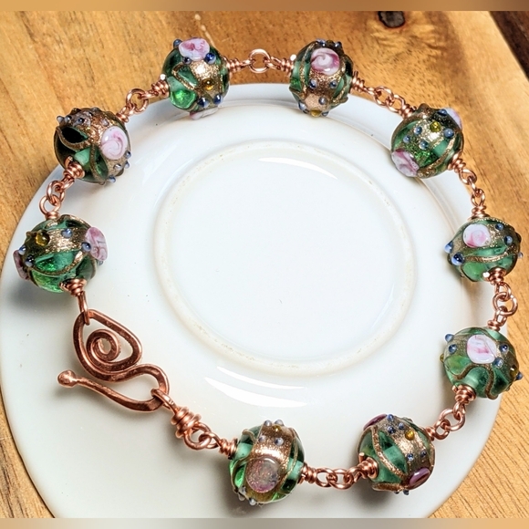 Venetian Emerald Glass Bead Copper Bracelet Textured Colorful Handmade - Picture 11 of 16